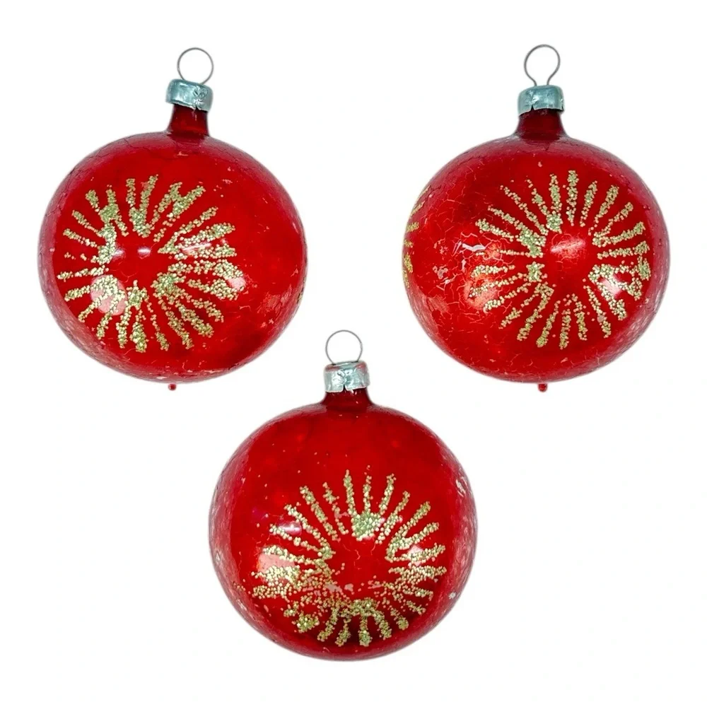 4 Vtg Glass Christmas Balls Ornaments Red Gold Glitter Starburst West Germany